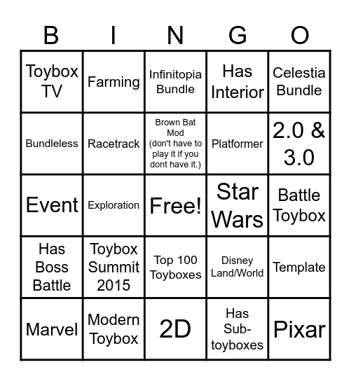 Disney Infinity Toybox Database Bingo Card