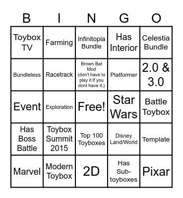 Disney Infinity Toybox Database Bingo Card