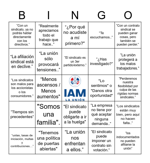 Union Busting Bingo Card