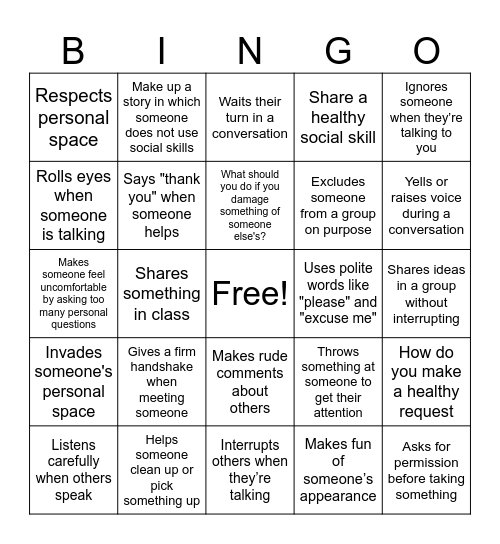 Social Skills Bingo Card