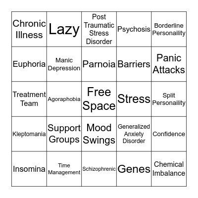 Mental Illness Bingo Card