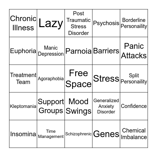 Mental Illness Bingo Card