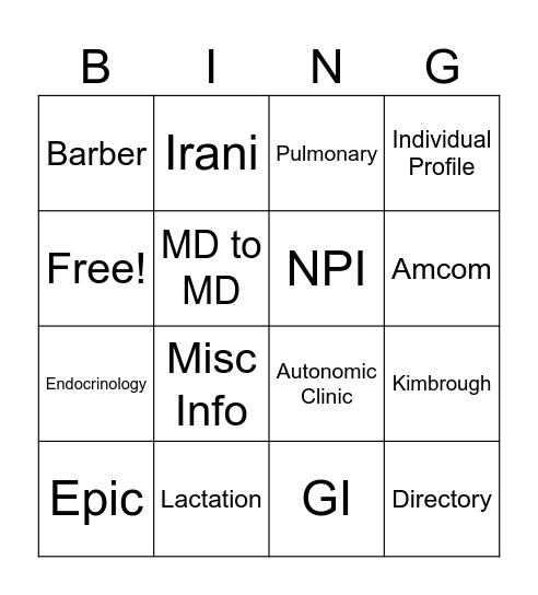 PAC Bingo Card