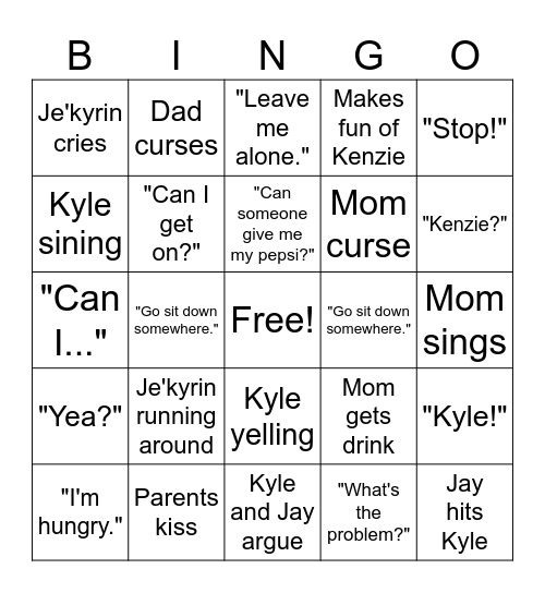 Duncan Family Bingo Card