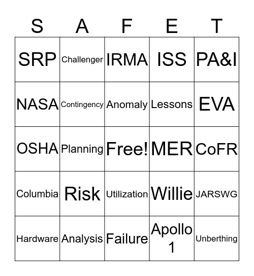SAFE - T Bingo Card