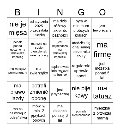 Znajdź osobę, która... Bingo Card