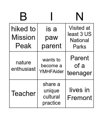Getting to Know Bingo Card