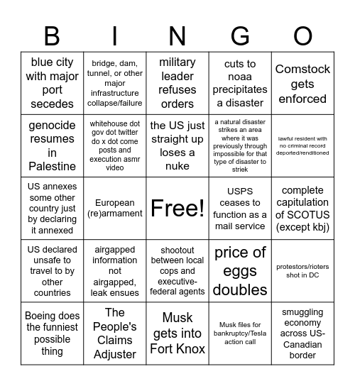 2025 (presidency part 1) Bingo Card