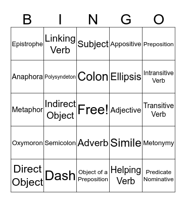 English Review Bingo Card