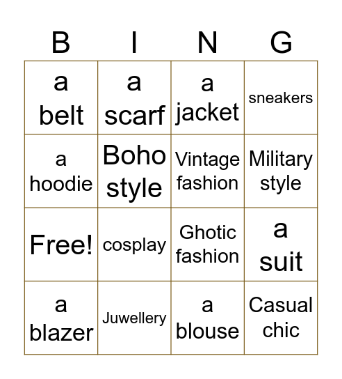 Fashion items and styles Bingo Card