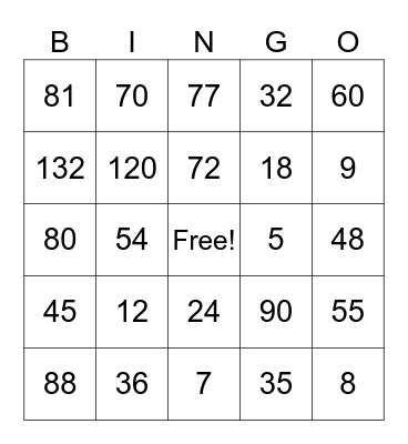 Multiplication Bingo Card