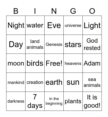 Creation Story Bingo Card