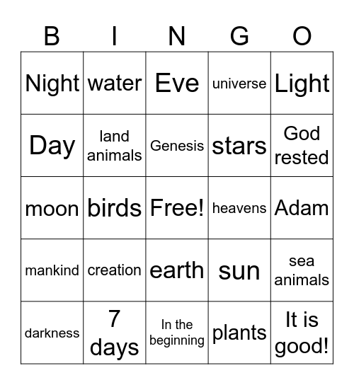 Creation Story Bingo Card