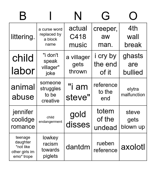 minecraft movie bingo card Bingo Card