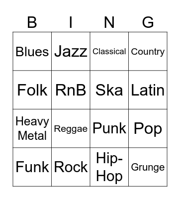 Music Genres Bingo Card