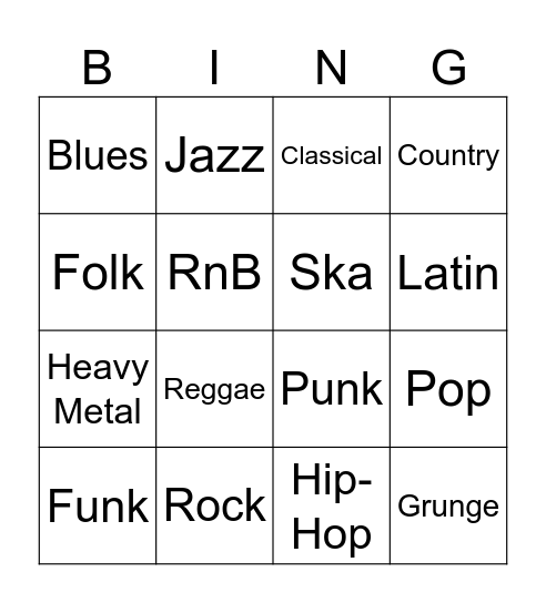 Music Genres Bingo Card