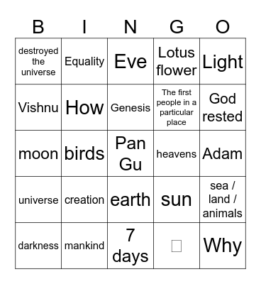 Creation Story Bingo Card