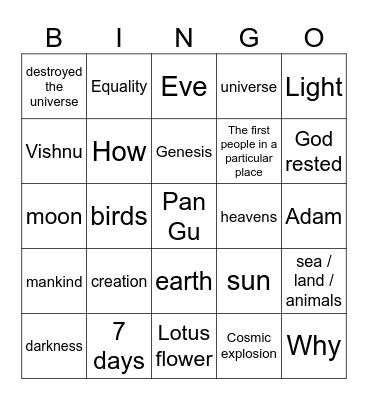 Creation Story Bingo Card