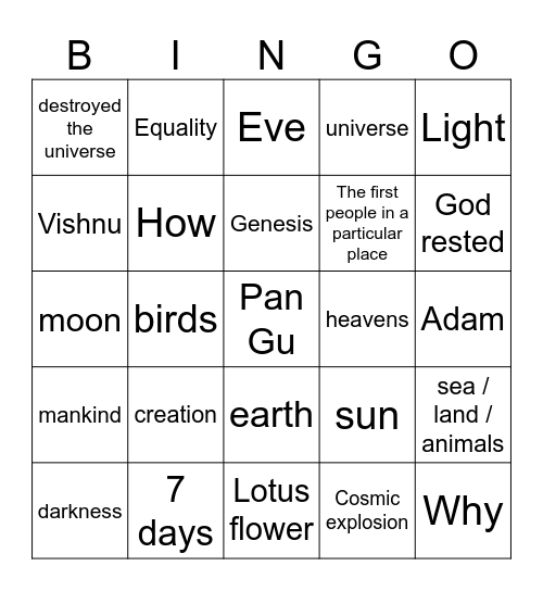 Creation Story Bingo Card