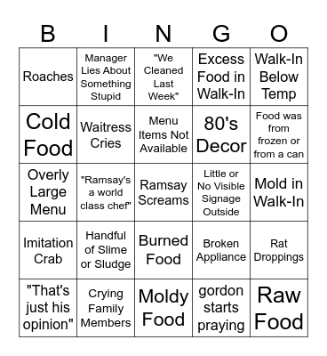Kitchen Nightmares Bingo Card Bingo Card