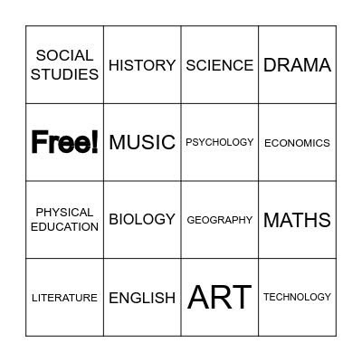 SCHOOL SUBJECTS BINGO Card