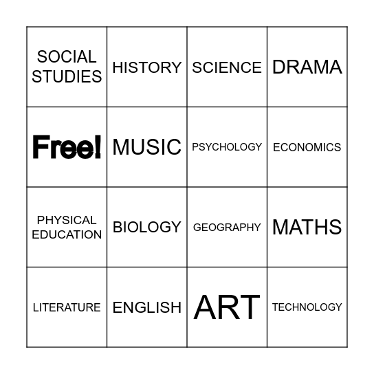SCHOOL SUBJECTS BINGO Card