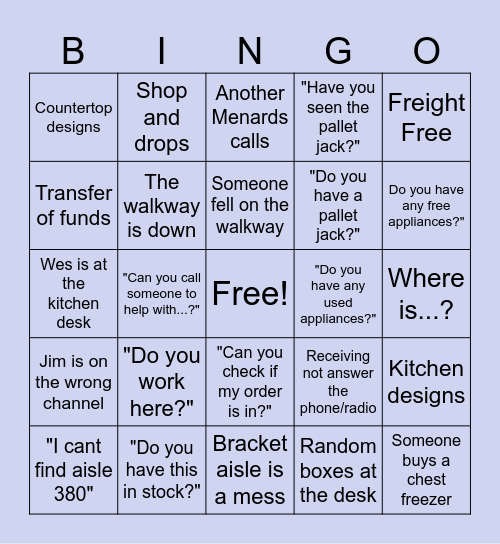 Menards Bingo Card