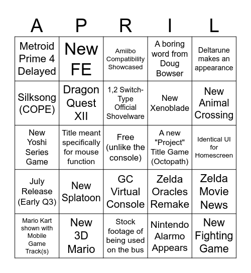 Nintendo Direct, April 2nd Bingo Card