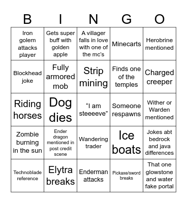 Minecraft Movie thang Bingo Card
