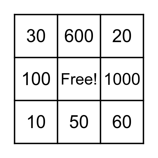 Number 10 to 1000 Bingo Card