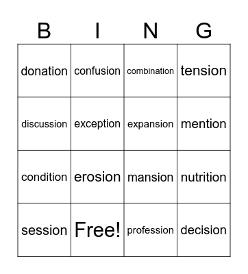 tion/sion Bingo Card