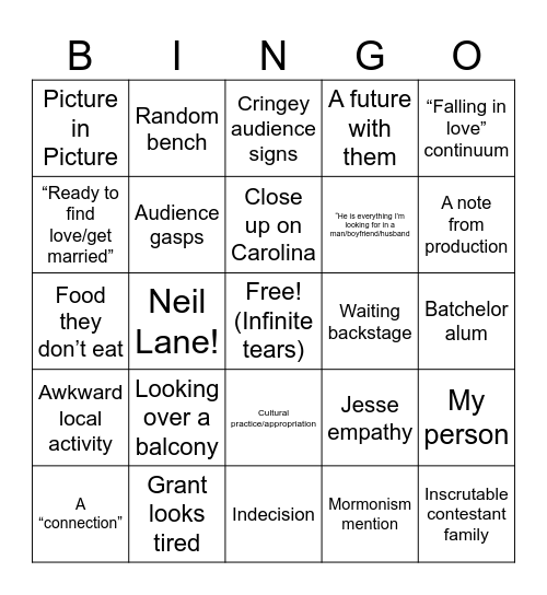 Shocking Finale Bingo Card