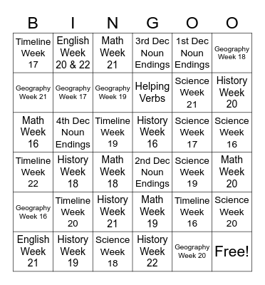 Week 22 Bingo Card