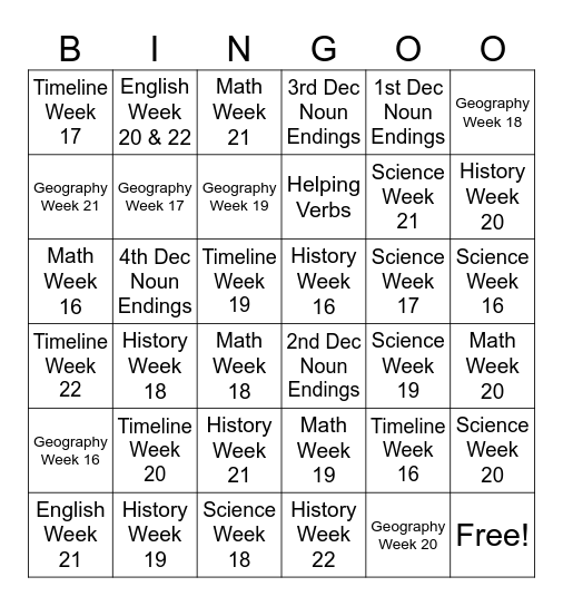 Week 22 Bingo Card