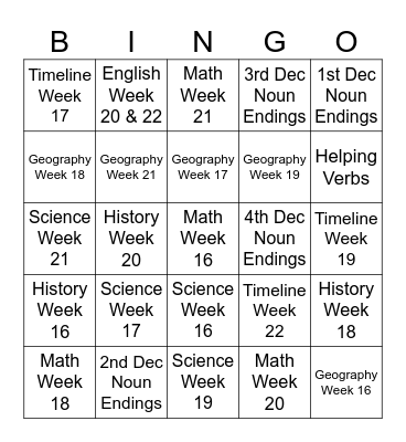 Week 22 Bingo Card
