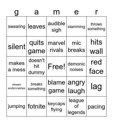 gamer rage bingo Card