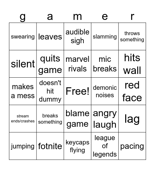 gamer rage bingo Card