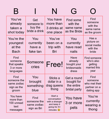 Bri’s Bachelorette Bingo Card