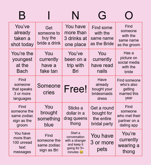 Bri’s Bachelorette Bingo Card