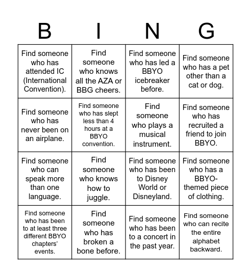 BBYO BINGO Card