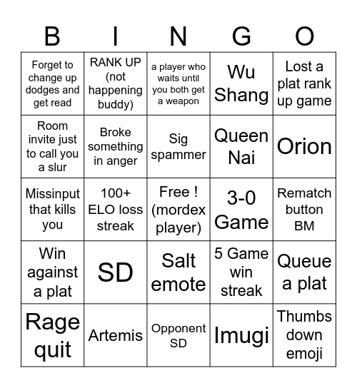 Brawlhalla Gold Ranked Experience Bingo Card