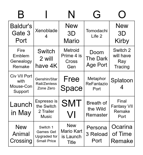 Nintendo Switch 2 Bingo Card