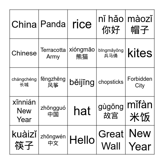 All about China Bingo Card