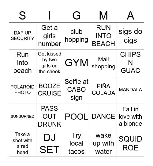 SIGMA CHI CABO BINGO Card