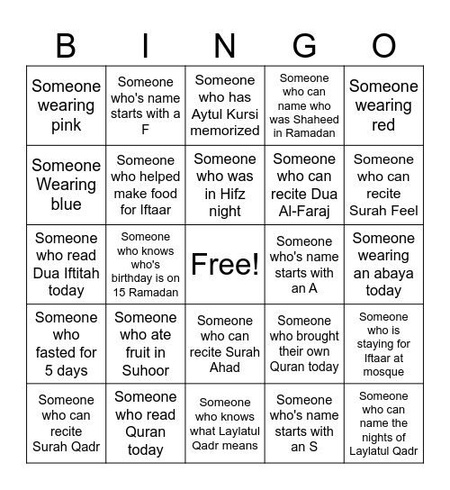 Darsa Bingo Card