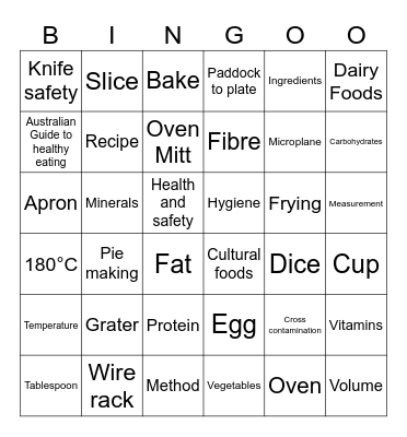 Food studies - Year 9 Bingo Card