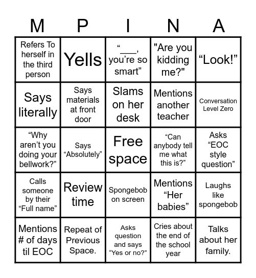 Mrs. Pina Bingo 2 Bingo Card