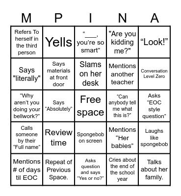 Mrs. Pina Bingo Card