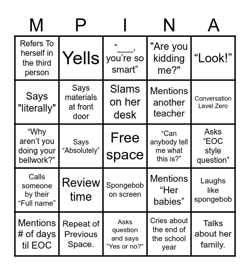 Mrs. Pina Bingo Card