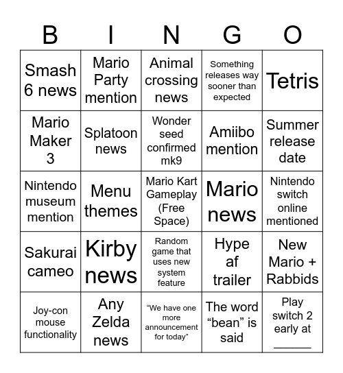 Switch 2 Direct Bingo Card